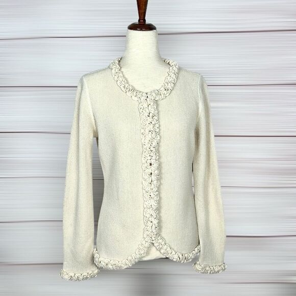 All Alpaca Ivory Cardigan Sweater Ruffle Details Hidden Button Closure M-L - Picture 2 of 14